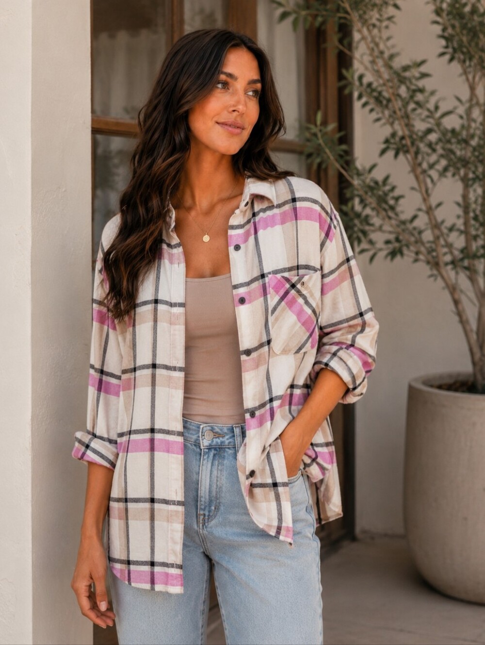 Alpine Design Beige, Pink & Black Plaid Button-Up Shirt